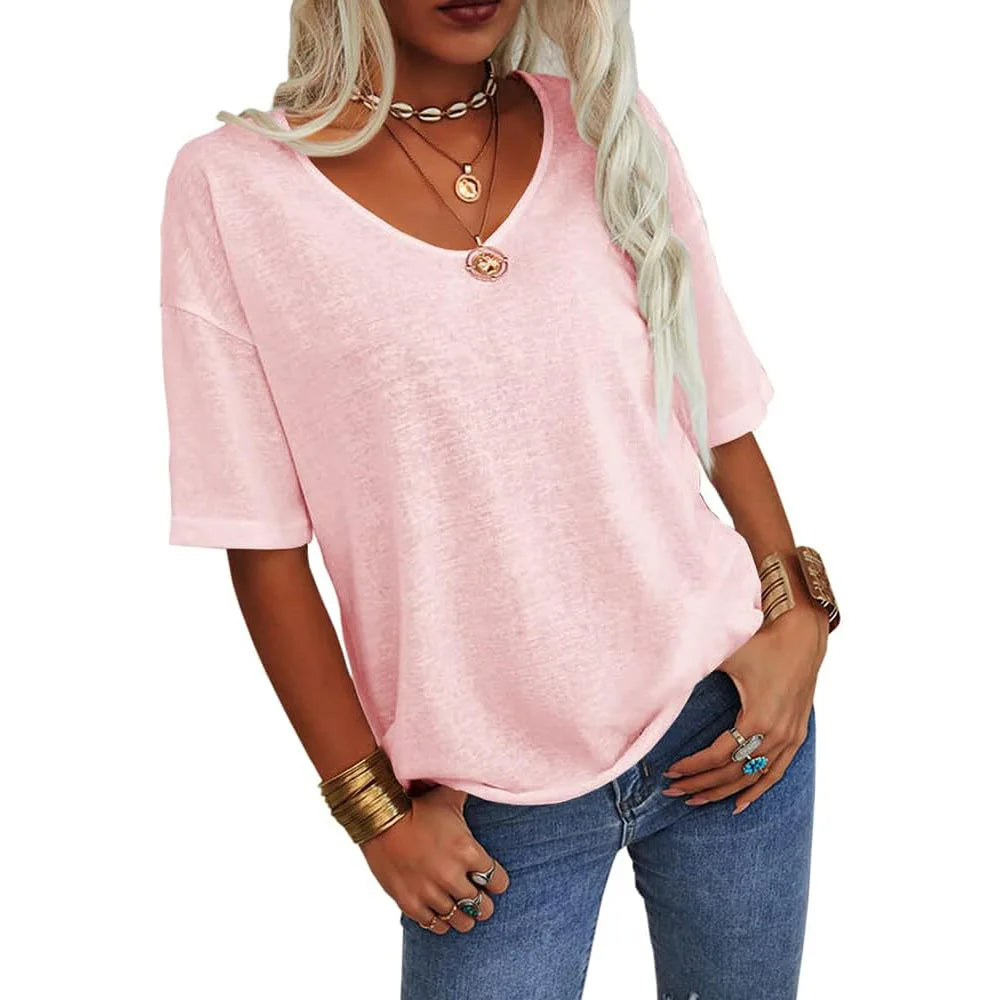 T-shirt da donna girocollo tinta unita in cotone mezza manica manica manica 3/4 casual piega ampia abiti autunnali di base