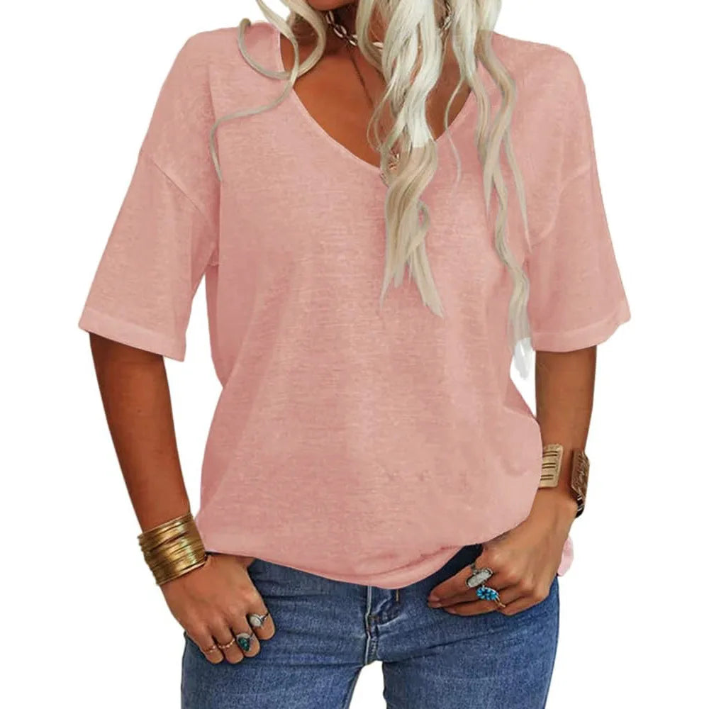 T-shirt da donna girocollo tinta unita in cotone mezza manica manica manica 3/4 casual piega ampia abiti autunnali di base
