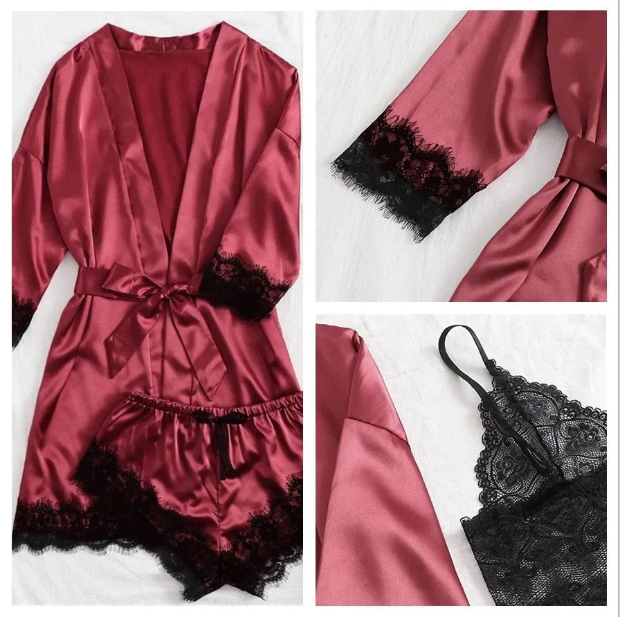 4 Piece Satin Pajama Set with Lace Trim.