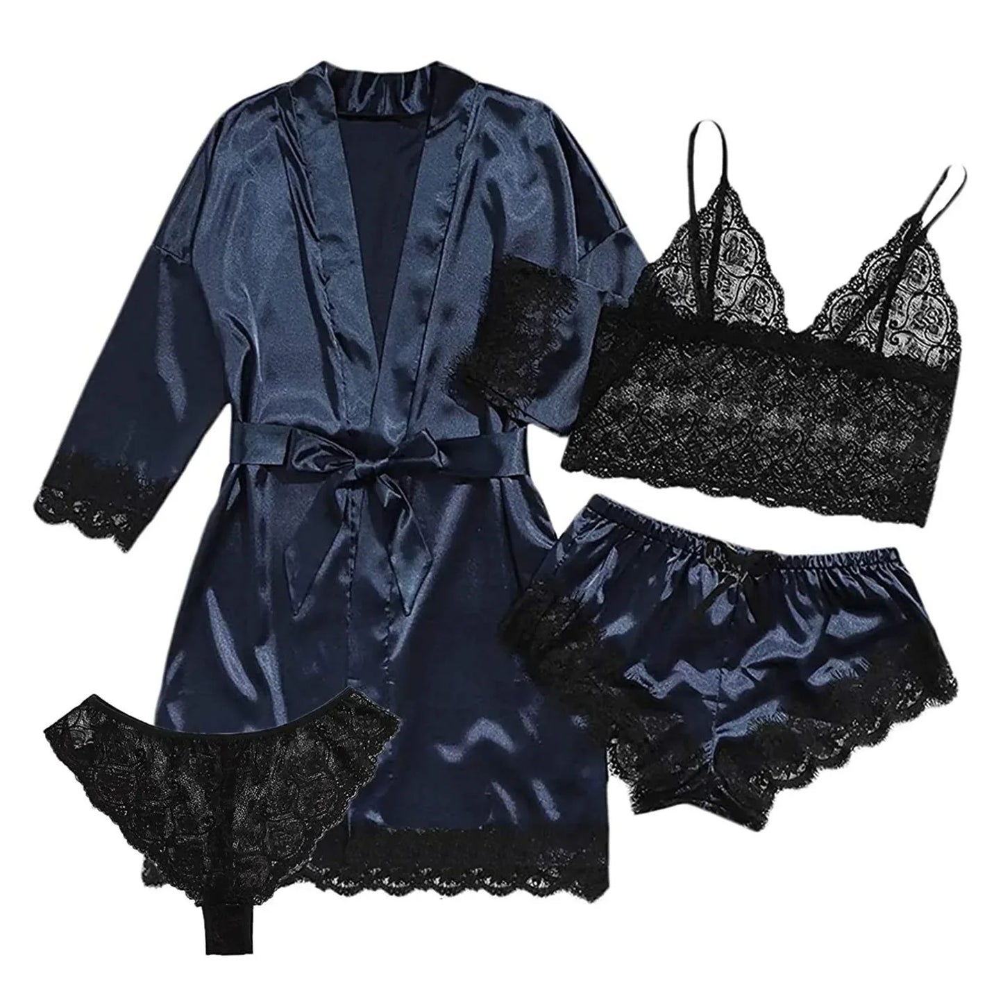 4 Piece Satin Pajama Set with Lace Trim.