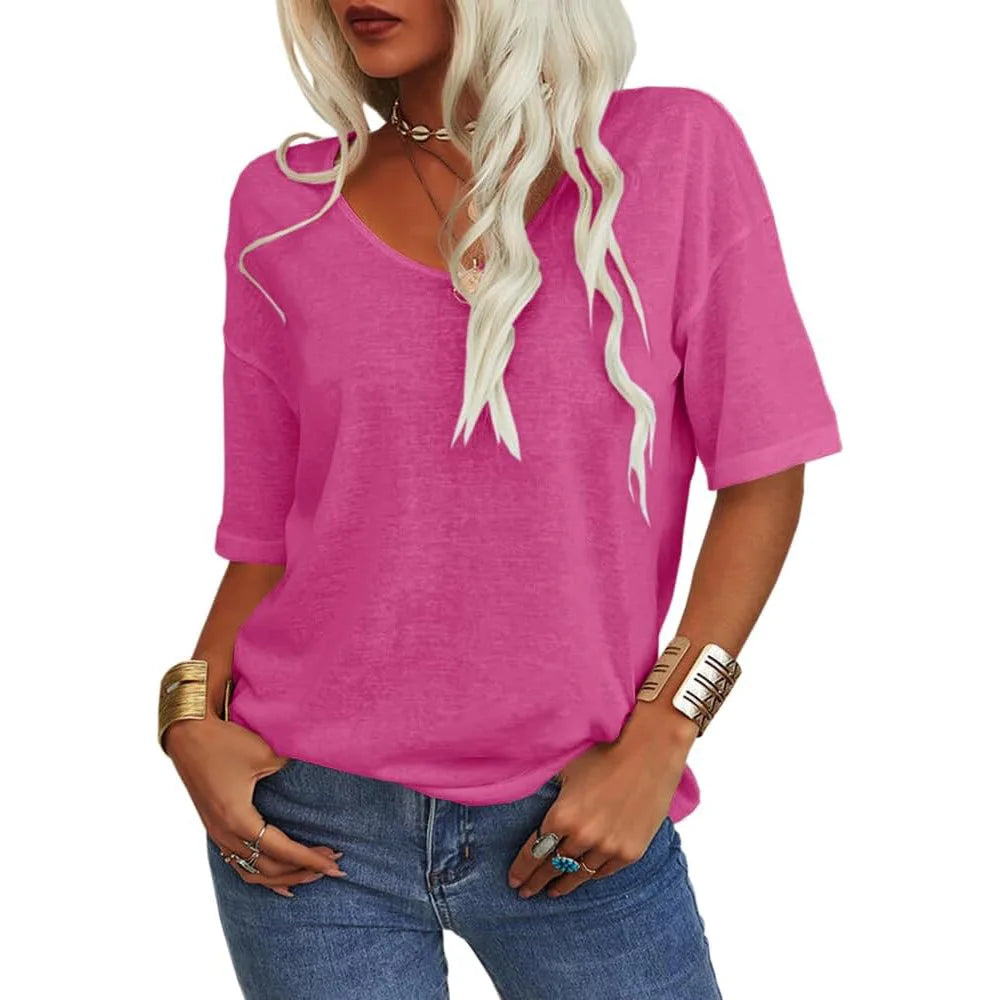 T-shirt a maniche corte da donna estiva con scollo a V allentata rosa moda Top casual nero Street Basic White Tees