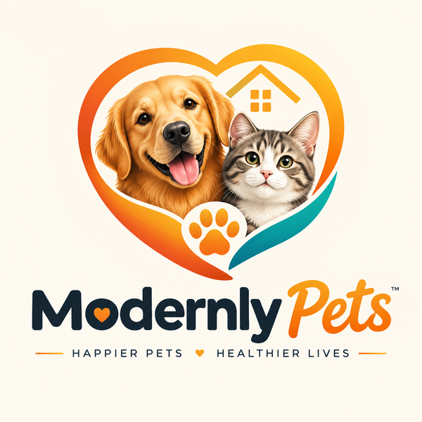 Modernly Pets logo with dog, cat, orange heart and teal accents